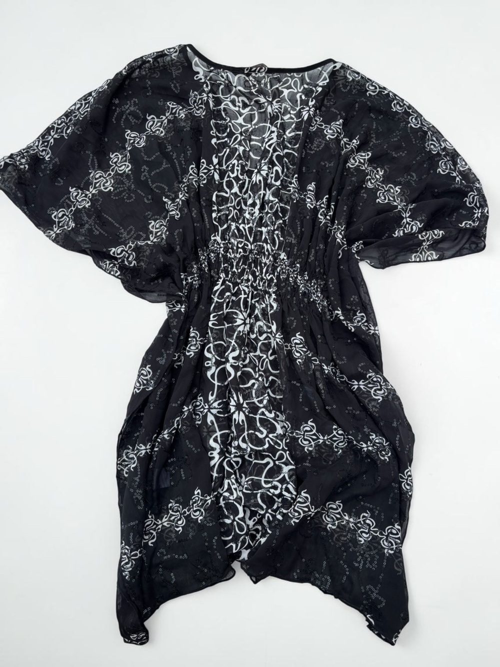 Y2K Black White Sequin Abstract Scroll Tunic Sheer Flutter Sleeve Boho M - Picture 10 of 11